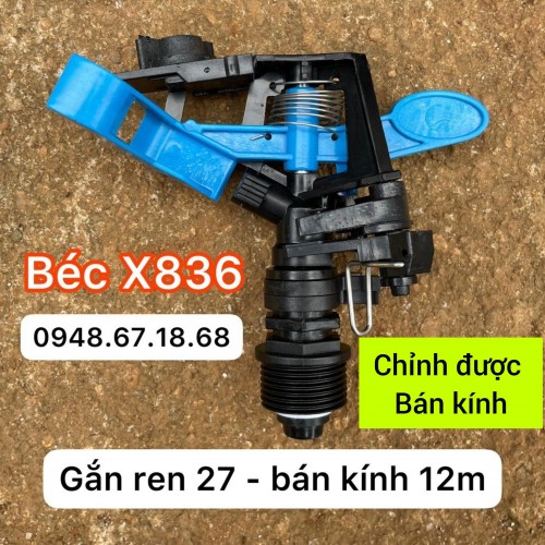 Béc X836 - béc tưới nhựa phun mưa gắn ống 27 bán kính 8 đến 12m tưới cỏ, hoa màu, vườn nhỏ